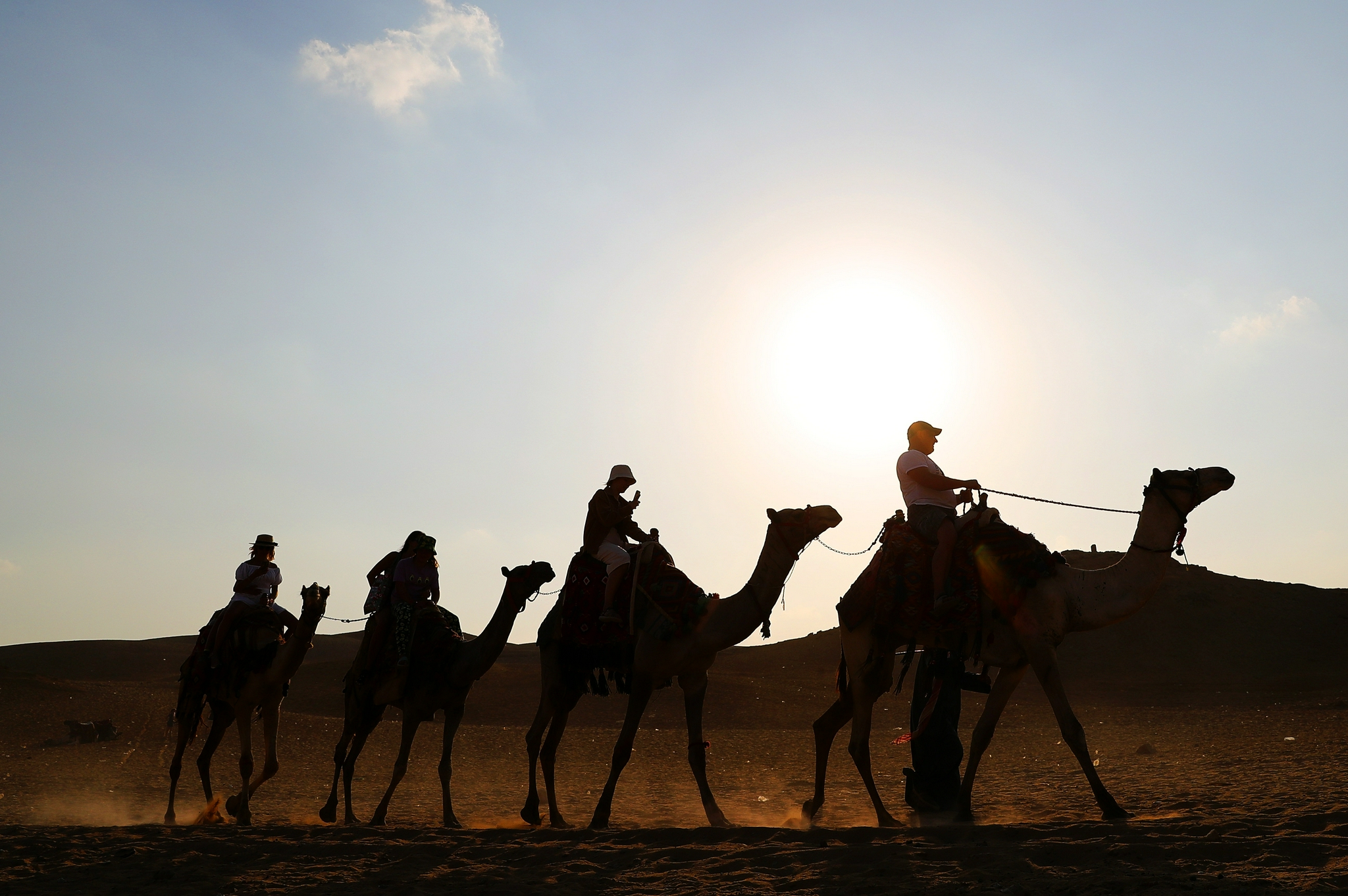 10月21日,游客在埃及吉萨金字塔景区骑骆驼游览.