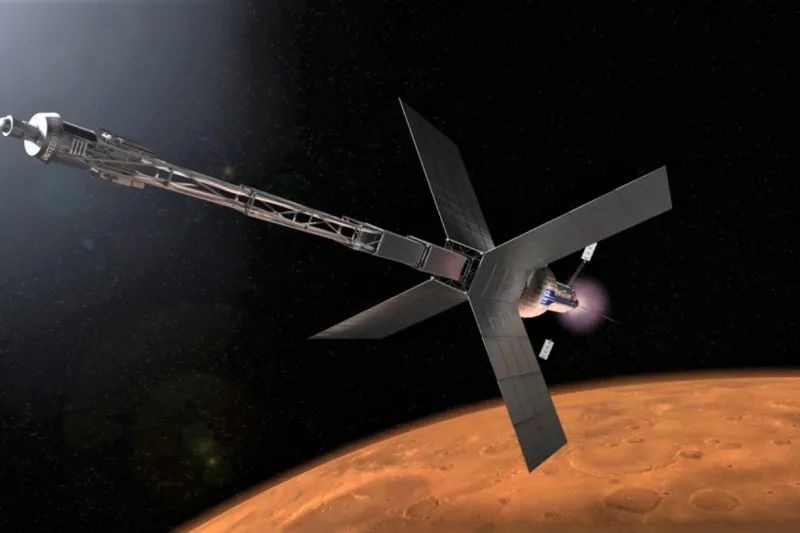 ▲资料图片：NASA设想中的可飞往火星的核动力飞船CG效果图。（NASA官网）