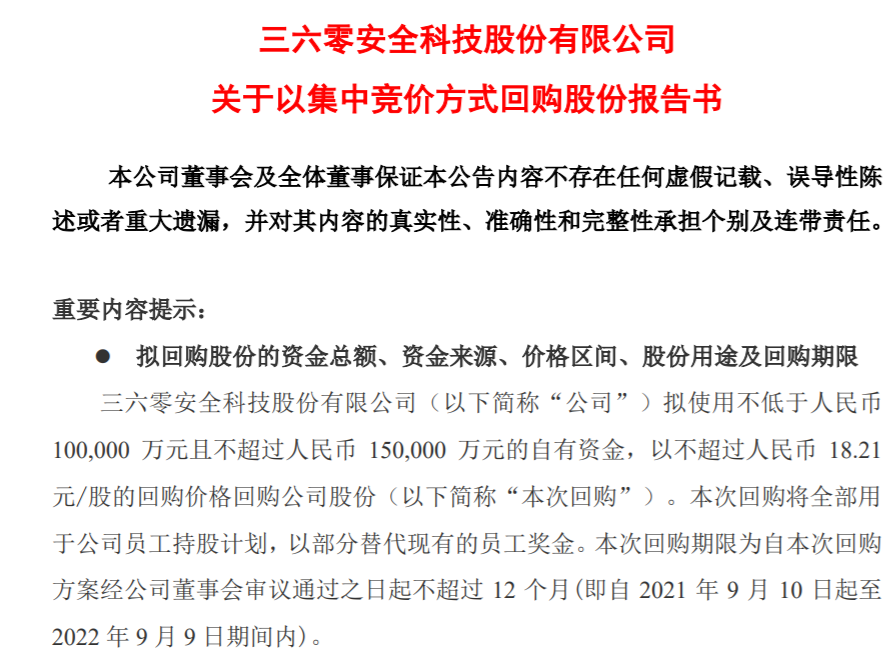 “三六零拟10-15亿元回购股份，全部用于员工持股计划