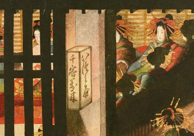 格子先图,画的是花街吉原的花魁们盛装待客的场景,花魁坐在灯火通明的