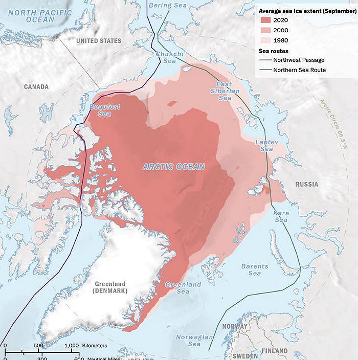 北极圈冰层范围变化。图片来源：《国家情报预测》