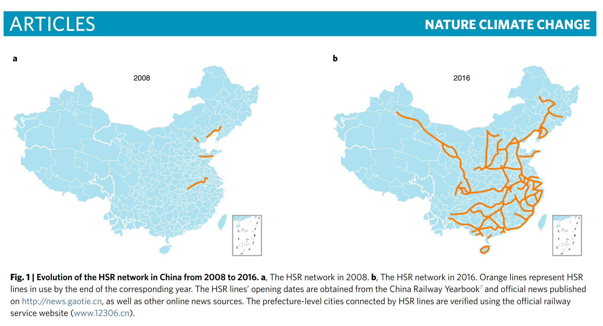 中国高铁网在2008年到2016年之间的变化
