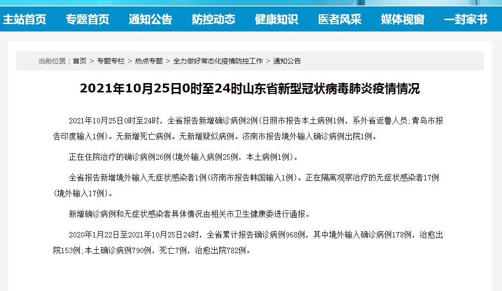 山东省10月25日报告新增新冠肺炎确诊病例2例
