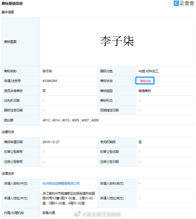 杭州微念申请李子柒商标被全部驳回休闲区蓝鸢梦想 - Www.slyday.coM