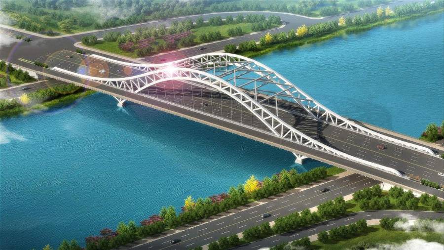 该项目为钢结构中承式桁架拱桥,跨径布置为46 160 46m,主桥全长为252m