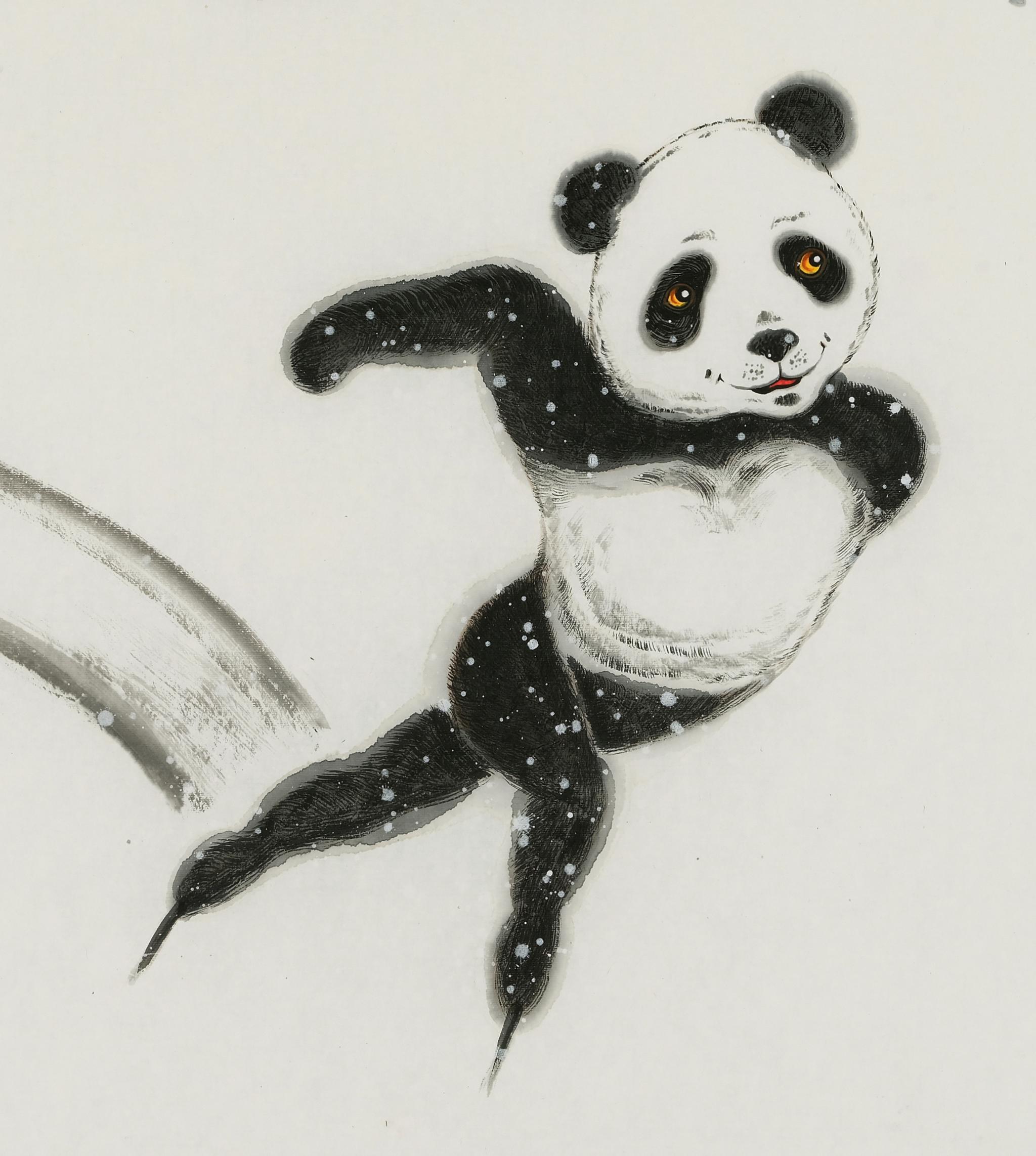 中国画家绘制国宝熊猫演绎冬奥项目