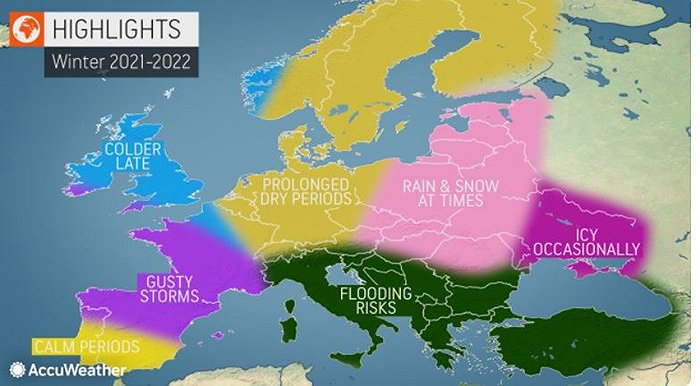 欧洲冬季预测。图片来源：AccuWeather