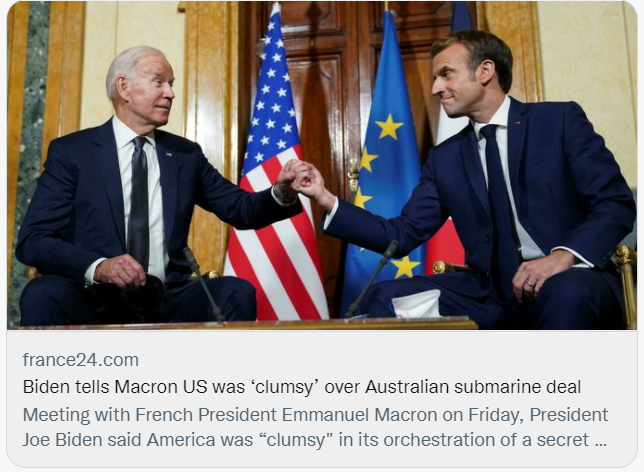 美国总统拜登告诉法国总统马克龙，美国在处理澳大利亚潜艇合同事务上表现“笨拙”。/社交媒体截图