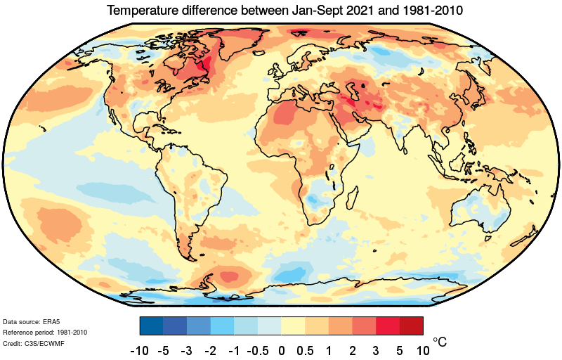 2021年1月至2021年9月的近地表气温与1981-2010年平均值的差异。