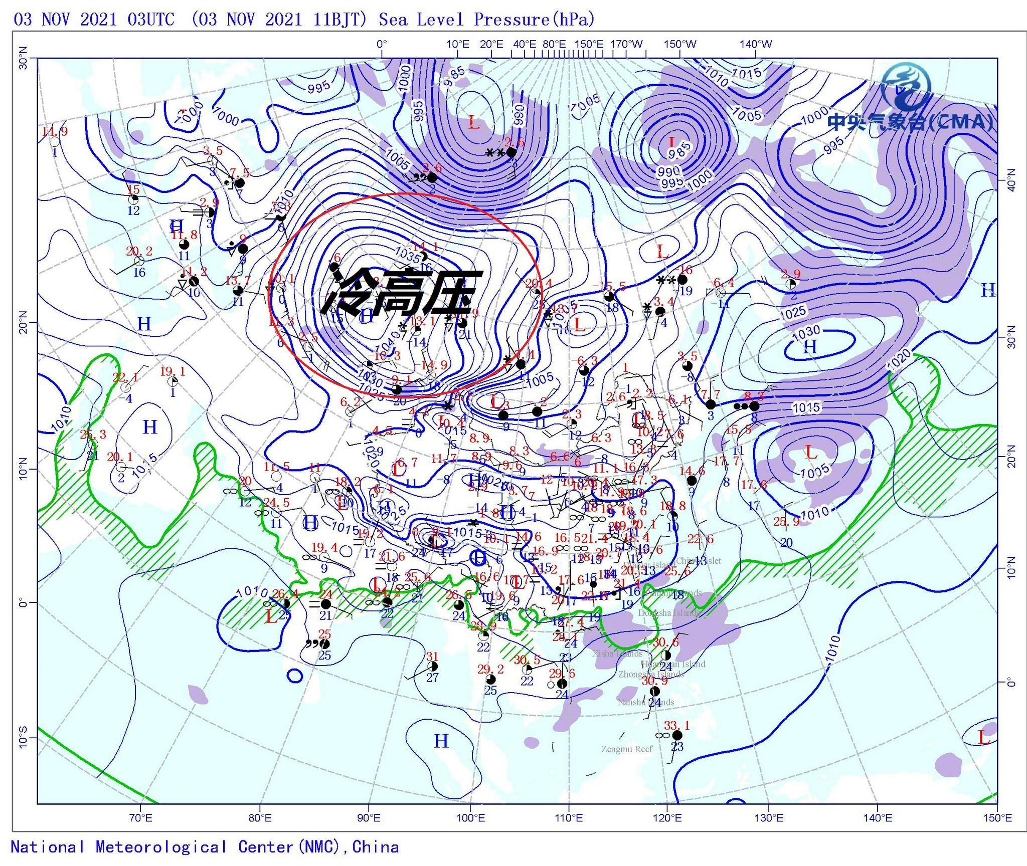 冷高压势力范围扩张到哈萨克斯坦,西西伯利亚,东欧,我国新疆北部等地