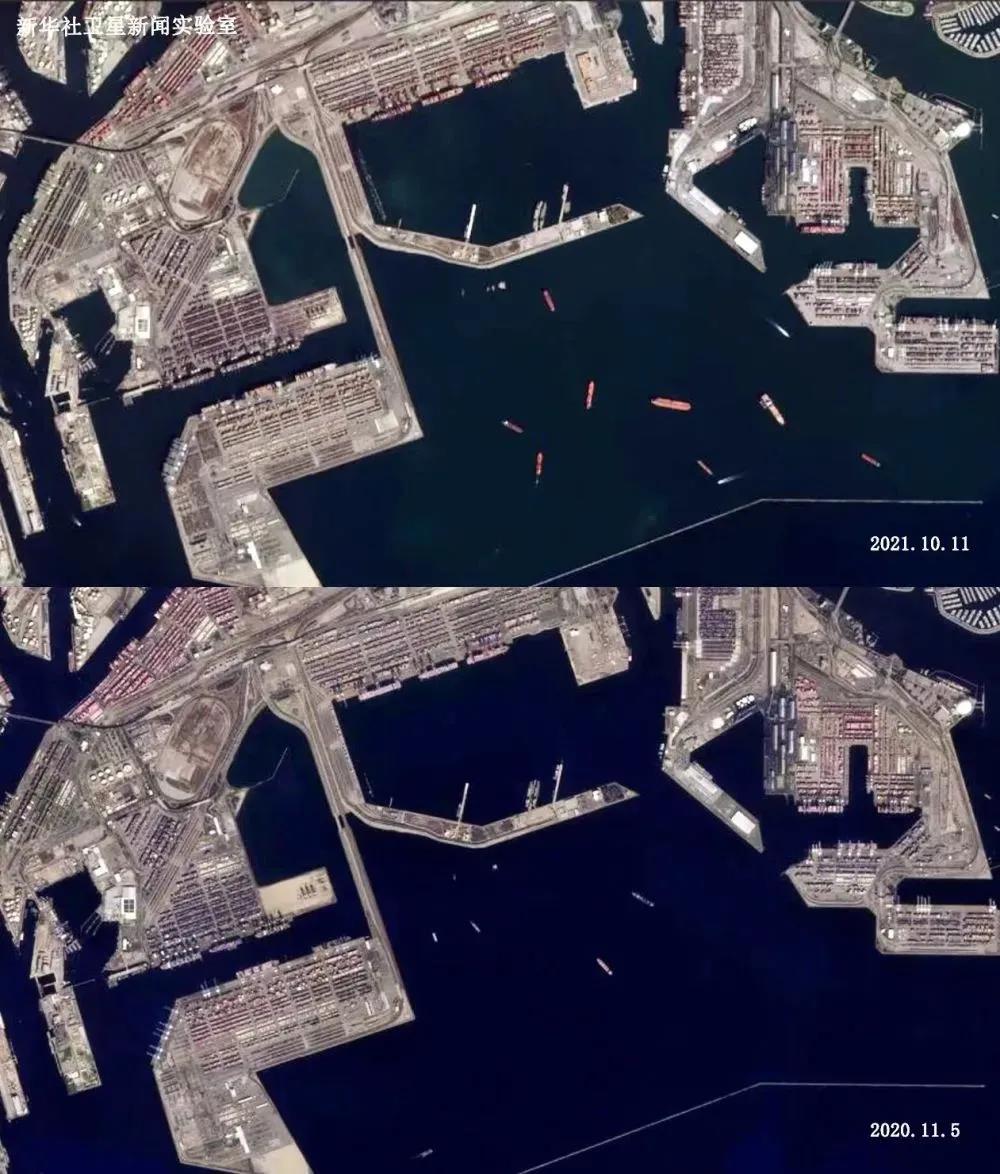 ▲洛杉矶港—长滩港卫星图片。同去年相比，今年港外停留船只明显增多。图/新华社