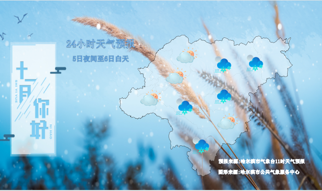 5日夜间至6日白天:全市多云有分散性雨夹雪或雪;偏北风3～5级;最低