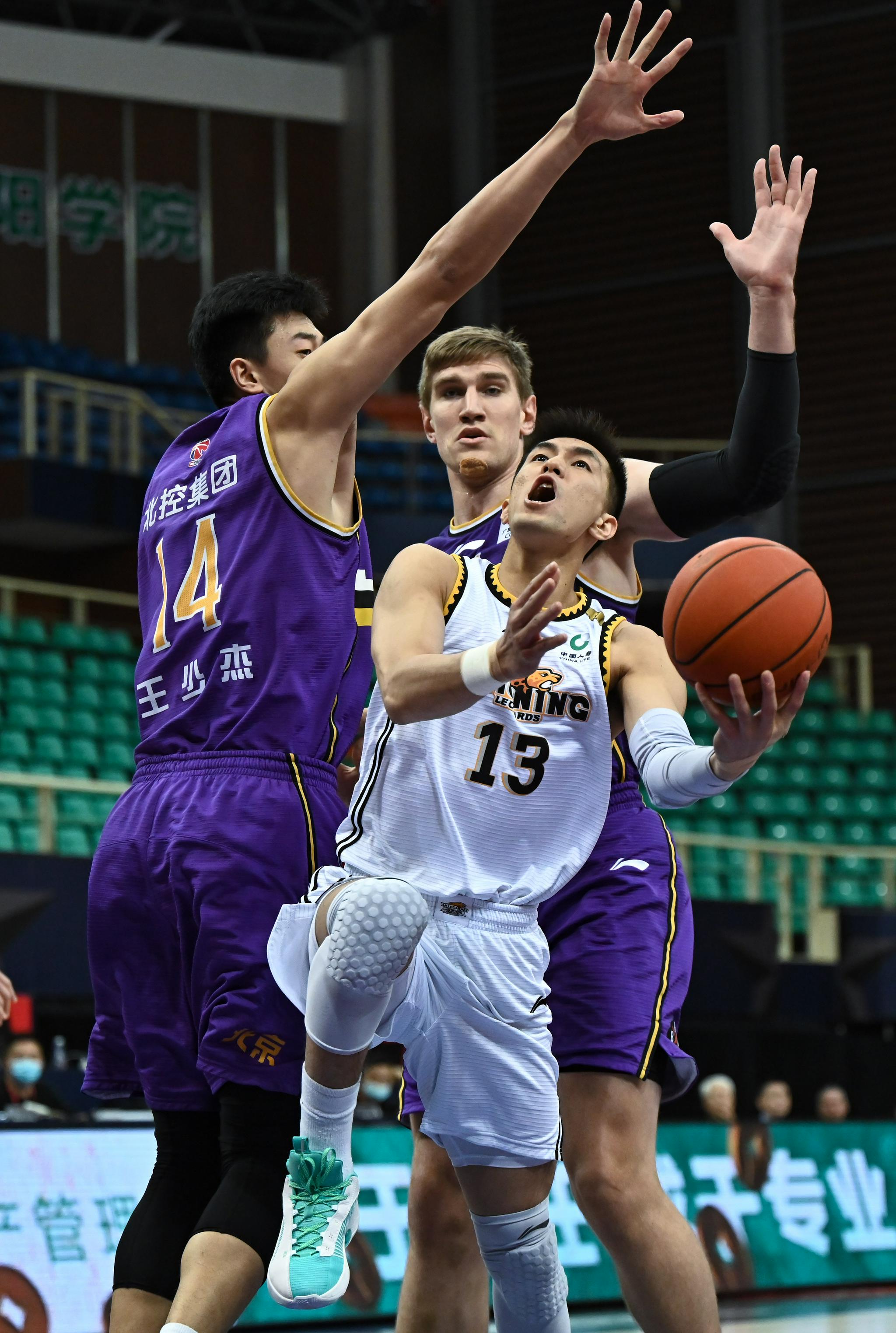 11月11日,辽宁本钢队球员郭艾伦(前)在比赛中进攻.