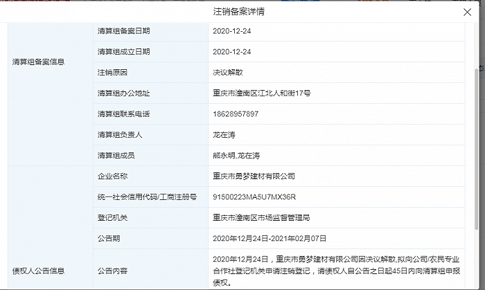 （勇梦建材注销状况 图源天眼查）