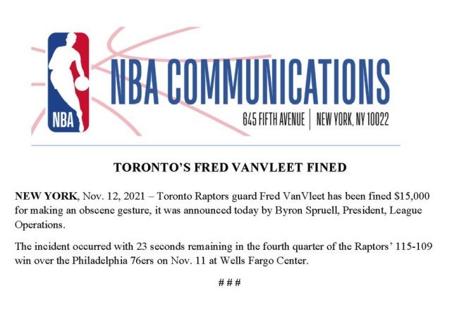 NBA官宣15000美元罚单！范弗利特因不雅庆祝动作被罚款休闲区蓝鸢梦想 - Www.slyday.coM
