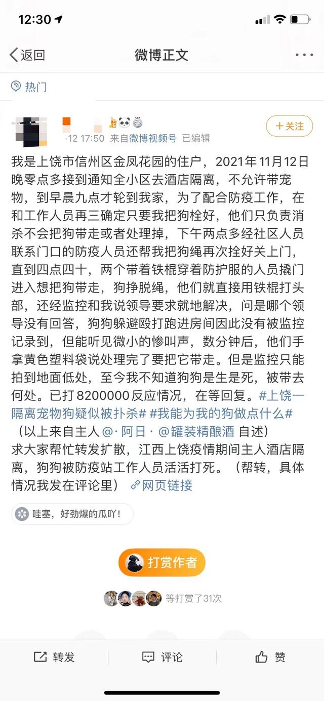 网民在外隔离时家中小狗被扑杀？上饶市政热线：相关情况会试图去了解休闲区蓝鸢梦想 - Www.slyday.coM