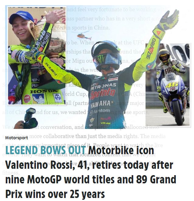 小汉爆赞传奇车手罗西退役罗纳尔多空降赠送球衣