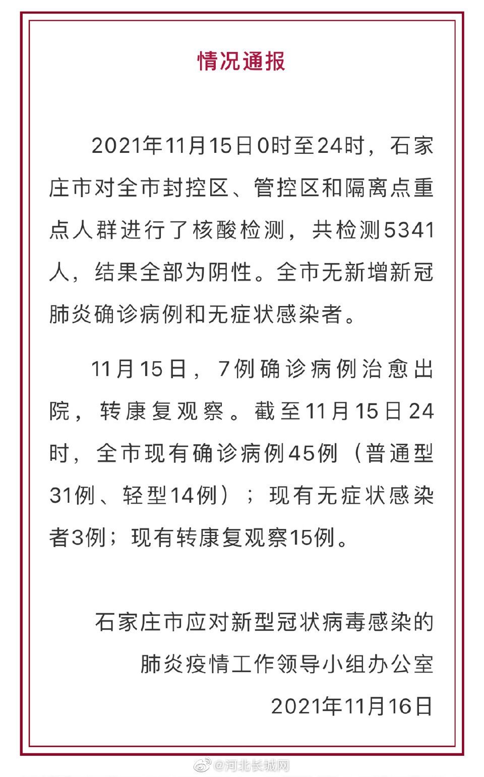2021年11月15日0时至24时,石家庄无新增确诊病例和无症状感染者|新冠