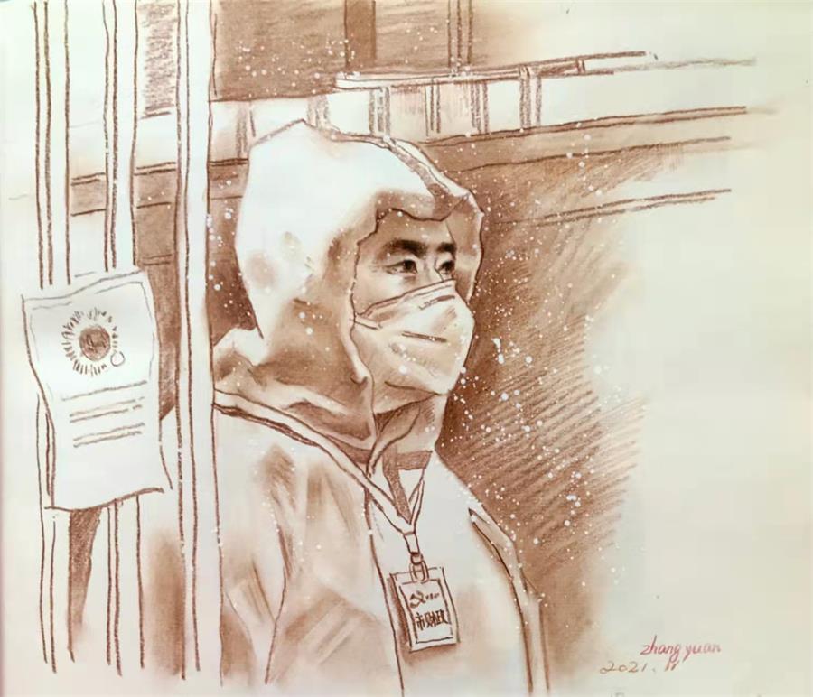 美术教师手绘"战疫"速写画致敬抗疫工作者