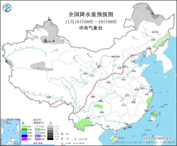 图2 全国降水量预报图(11月18日08时-19日08时)