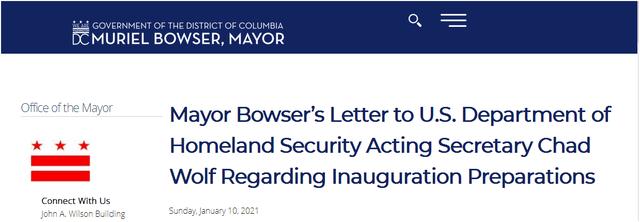 华盛顿市长致信国土安全部代理部长：拜登就职前加强美国首都安全