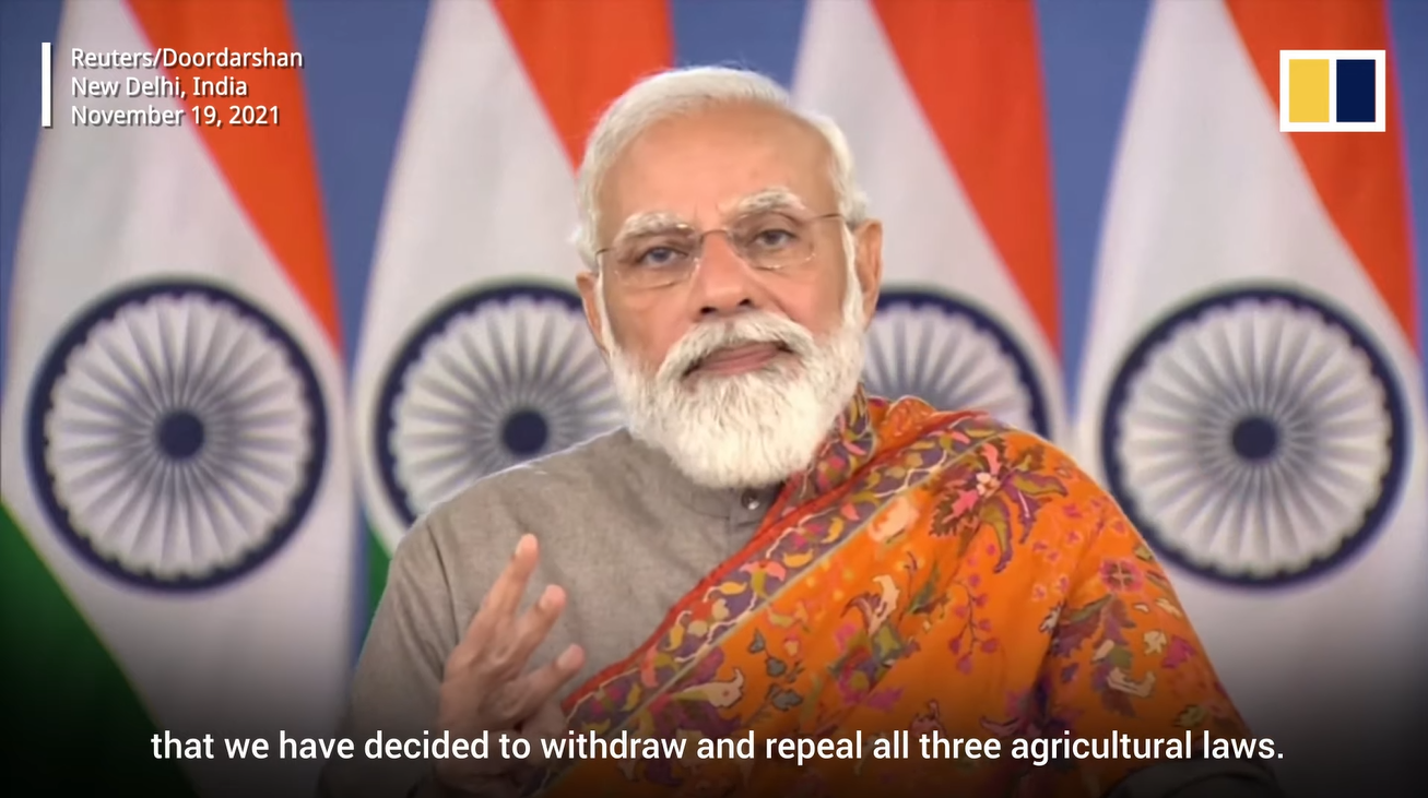 莫迪宣布撤回三项新农业法 《南华早报》视频截图