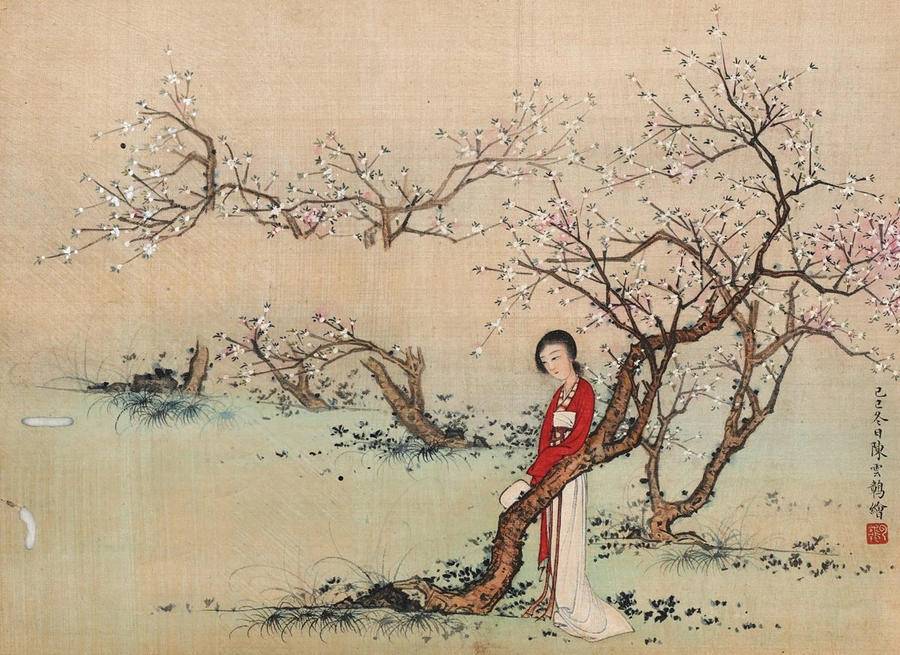 鉴赏名家笔下的梅花仕女图