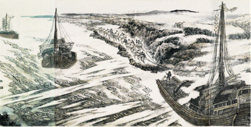 图为《古运回望图》中运送漕粮的漕船（企业供图，央广网发）