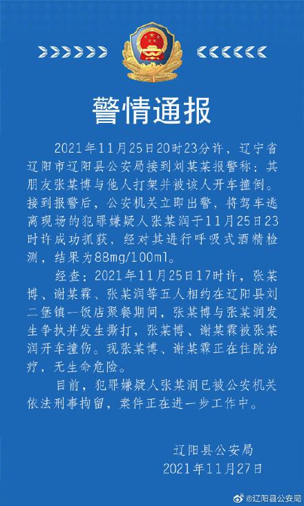 辽宁辽阳县警方通报：聚餐发生争执2人被开车撞伤，嫌犯已被刑拘休闲区蓝鸢梦想 - Www.slyday.coM