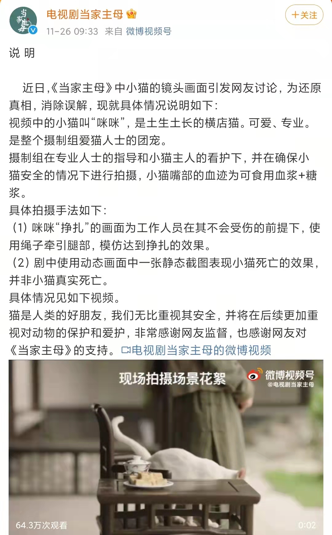 《当家主母》小猫事件反转，群演曝猫已被电死，剧组演员集体失声休闲区蓝鸢梦想 - Www.slyday.coM