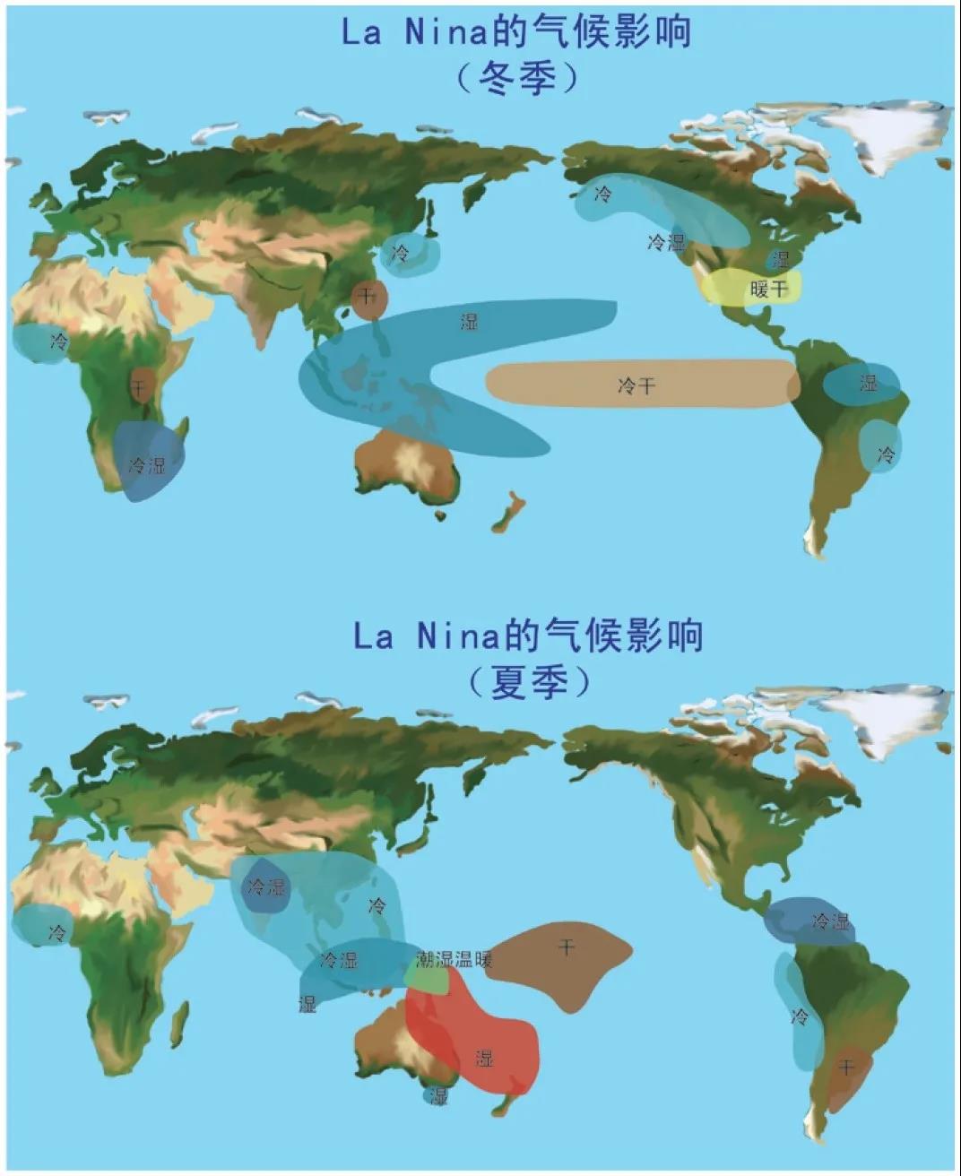 拉尼娜对全球冬季和夏季气候影响示意图。中国气象局供图