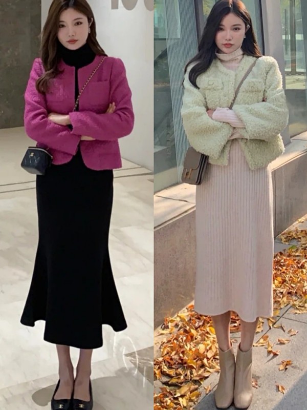 正文  看看这2组时尚look,就是短款上衣搭配上长款的半身裙,使得腰线