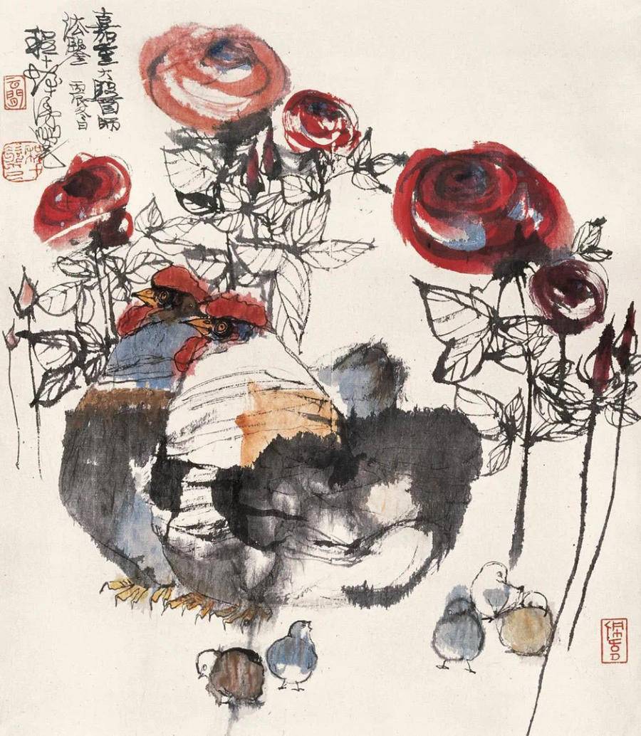 鉴赏程十发笔下既生动又夸张的鸡趣图