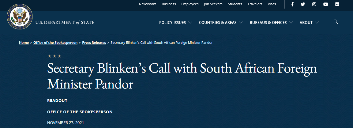美国国务院关于布林肯与南非方面通话的消息