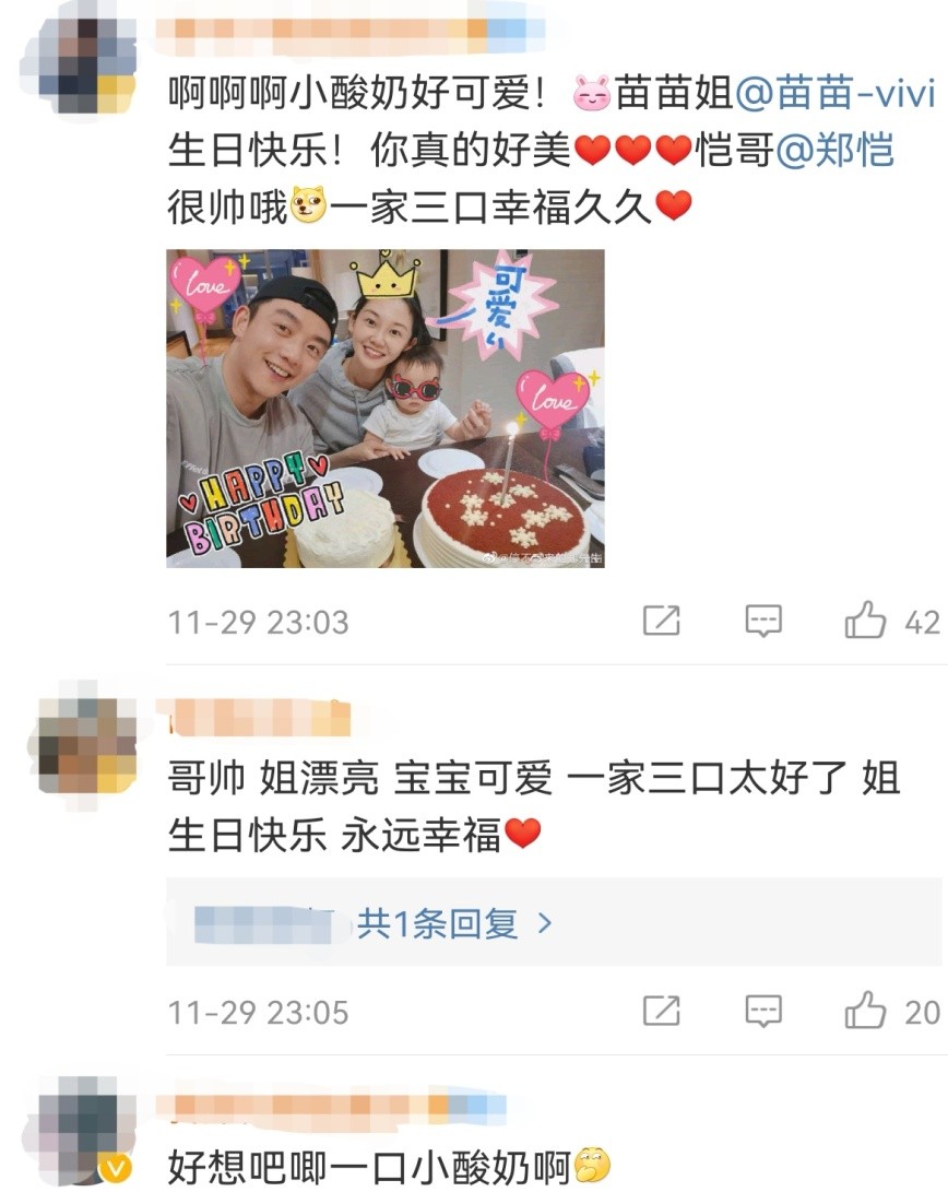 小酸奶太可爱了,苗苗姐生日快乐,你真的好美,恺哥很帅哦,一家三口幸福
