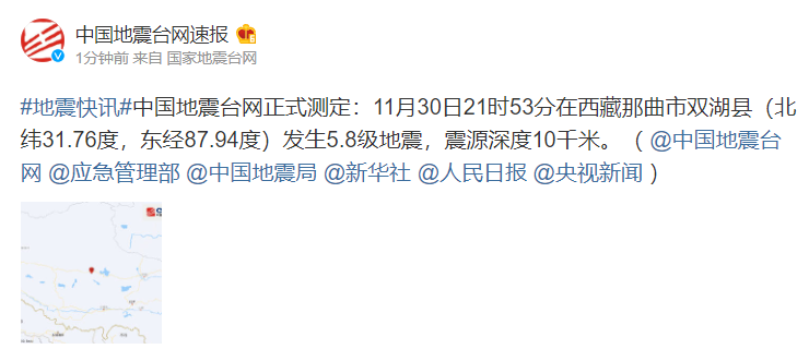 突发！西藏那曲市双湖县发生5.8级地震休闲区蓝鸢梦想 - Www.slyday.coM
