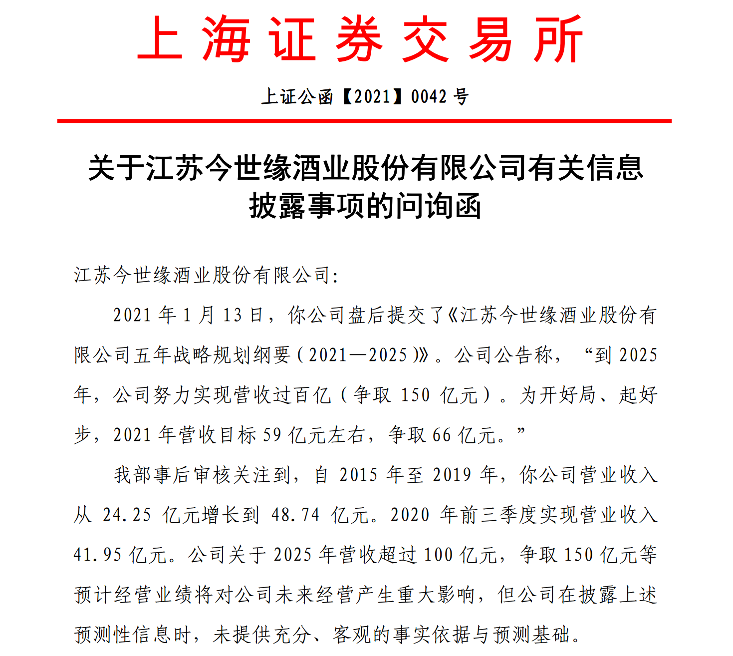 上交所就今世缘战略规划发问询函:业绩预测未提供充分,客观基础