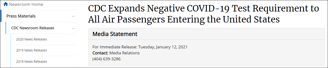 美疾控中心:所有入境航空旅客需出示新冠检测阴性证明