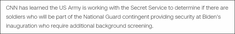 CNN称，美军正排查参与就职典礼安保的国民警卫队士兵