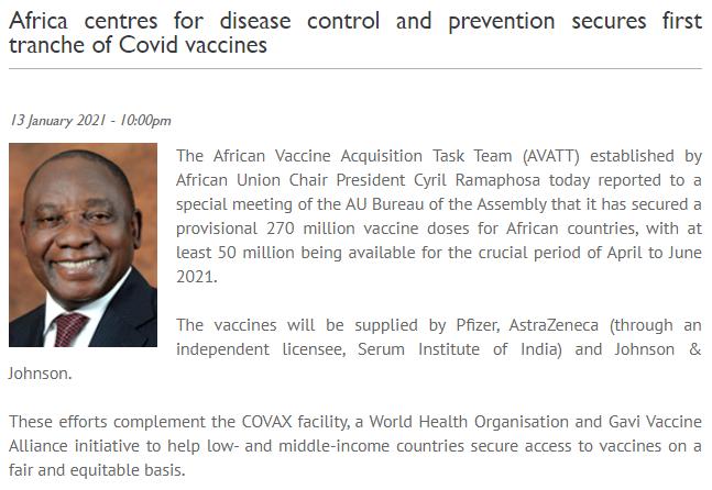非盟宣布获得第一批新冠疫苗，将在4月至6月间抵达