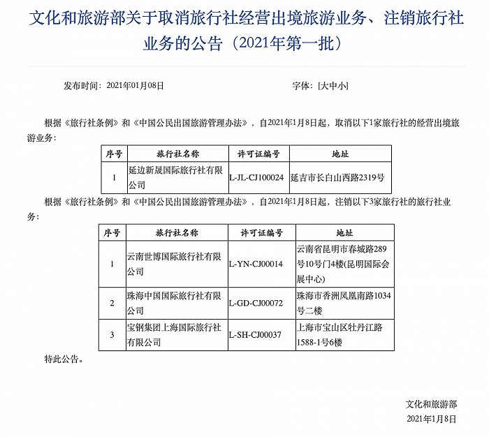 文化和旅游部公布2021年首批注销旅行社业务名单