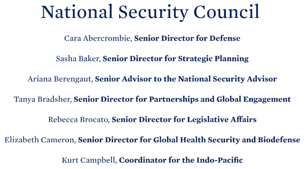 拜登国家安全委员会名单。/拜登“过渡网站”截图