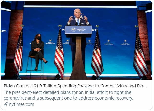 拜登概述了1.9万亿的救援计划应对新冠疫情与经济倒退。《纽约时报》报道截图