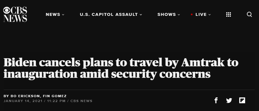 美媒：国会骚乱事件后拜登取消乘坐美国国铁列车参加就职典礼计划