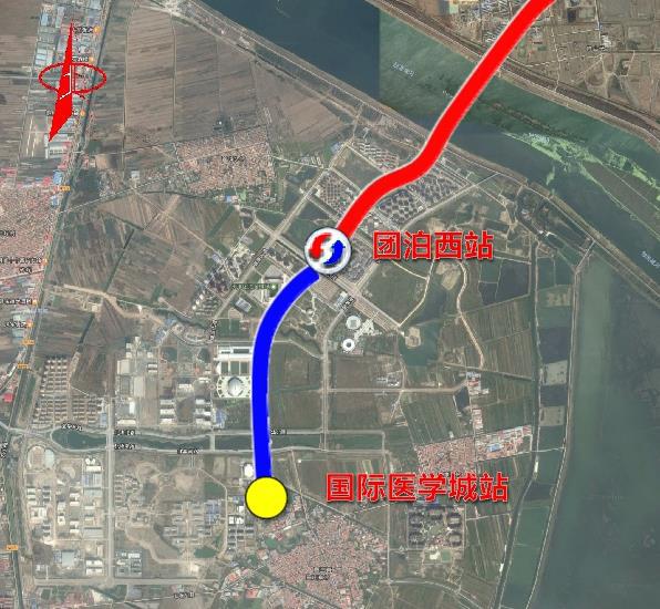 ▲国际医学城站至团泊西站（不含）平面示意图（蓝线部分）