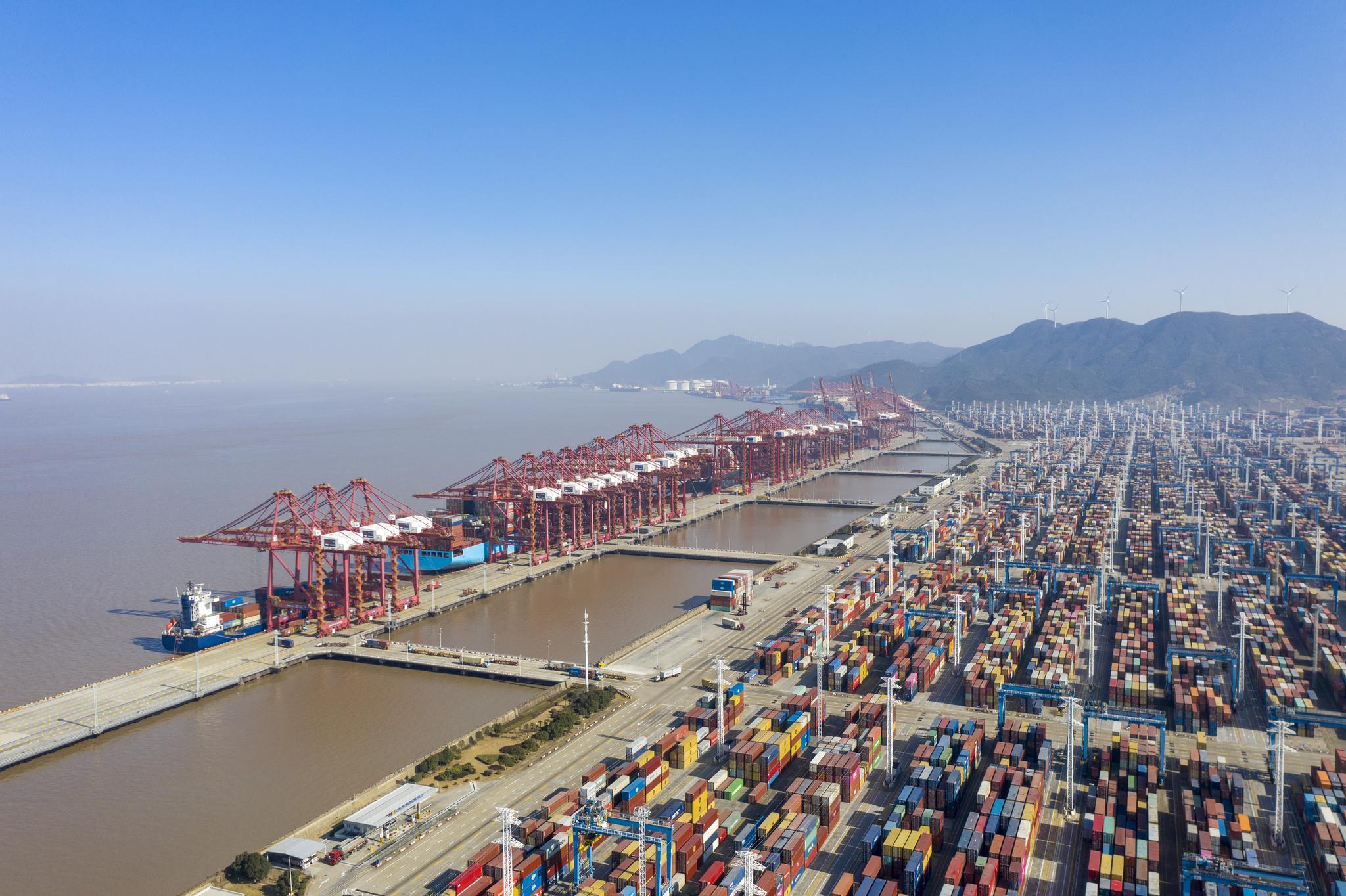 1月18日,宁波舟山港穿山港区的码头上集卡往来穿梭,大型集装箱货船