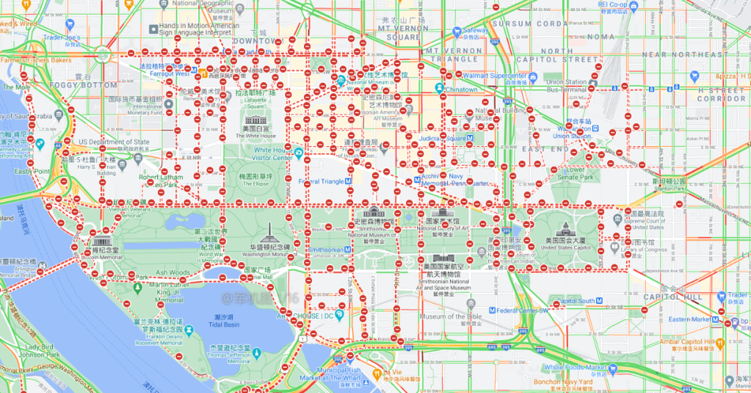 美国华盛顿特区16日大面积封路，图源：谷歌地图