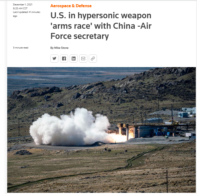 美空军部长称中美陷入"军备竞赛" 研发高超音速武器
