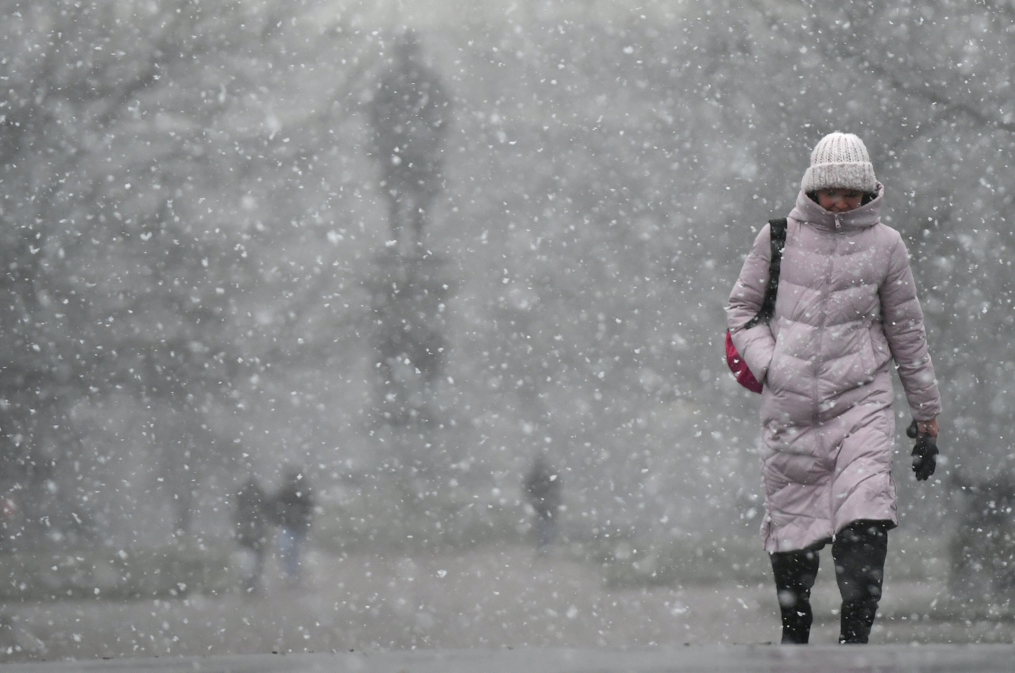11月30日,一名行人走在俄罗斯莫斯科下雪的街头.