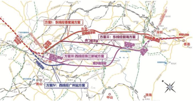 广深港高速磁悬浮线站位方案示意图来源：《大湾区广深港高速磁悬浮铁路线站位方案研究》